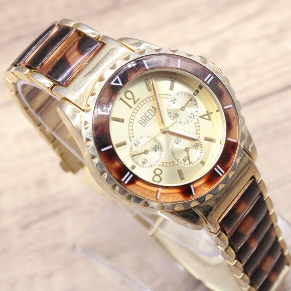 BREDA Chronograph Watch Womens Gold Tone Classic Stainless Steel Leopard Band - Picture 4 of 9